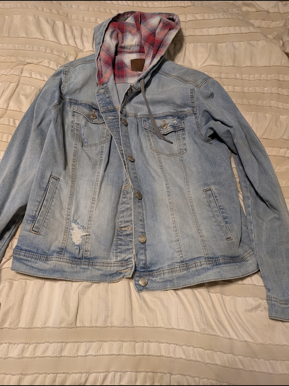 Maurices Light Blue Denim Jacket with Red Plaid Hood